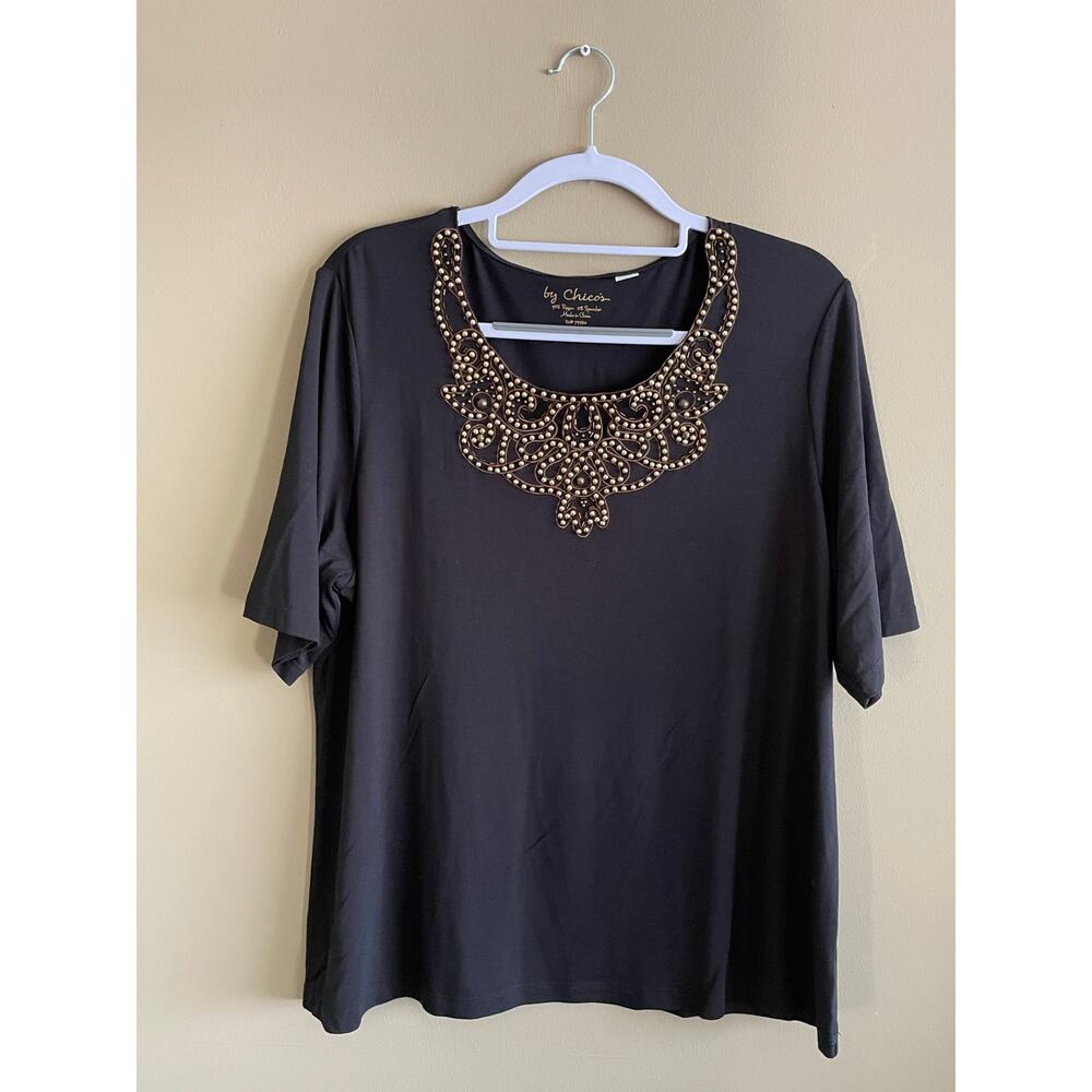By Chicos Size 3 (XL) Size Black Top With Gold Beading Half Sleeve V-Neck